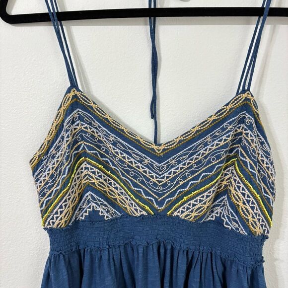Free People XL Blue Babydoll Cami Top Cotton Linen Blend Embroidered Boho Hippie - Picture 8 of 14